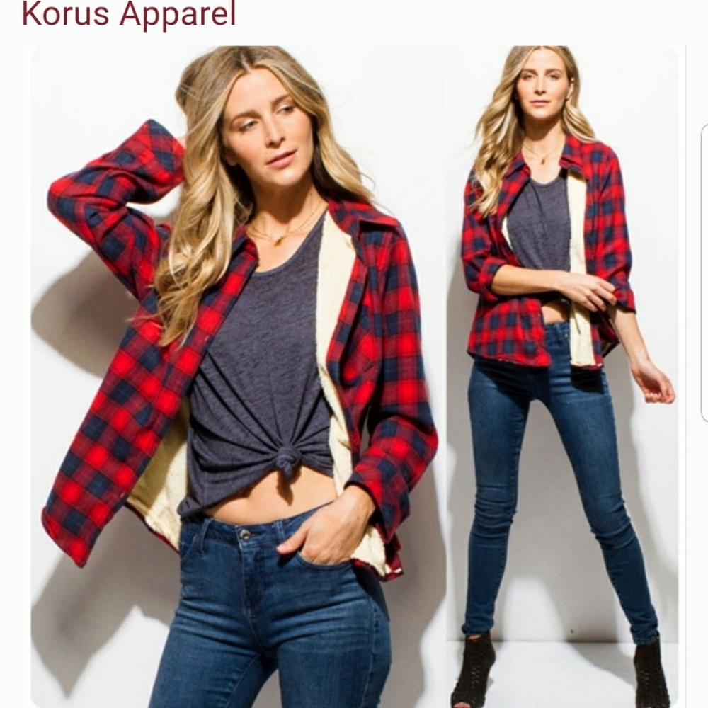 Red Sherpa Lined Flannel Plaid Shirt Jacket Top